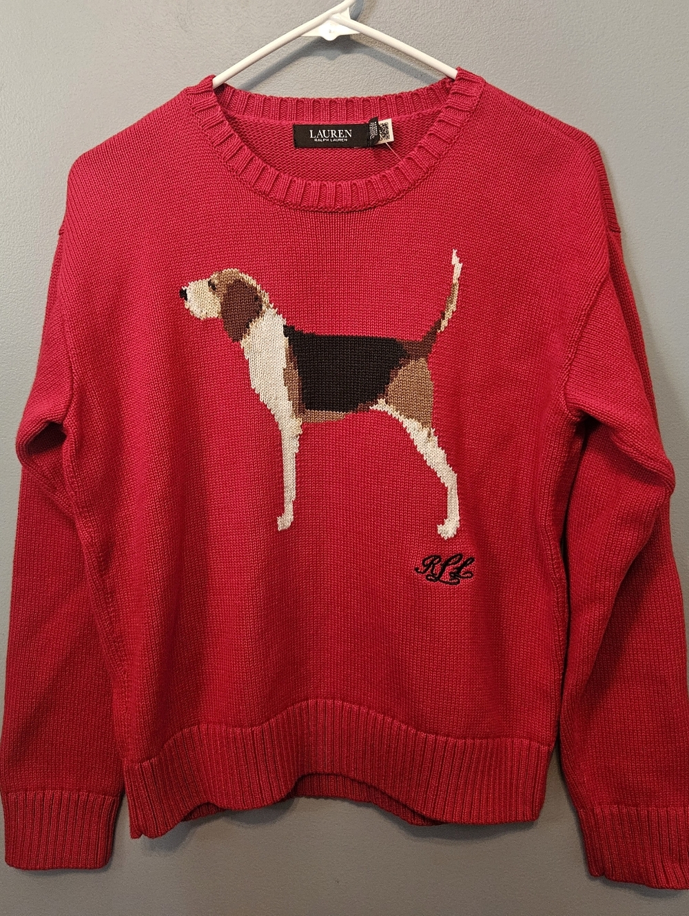 Ralph Lauren Foxhound Beagle Dog Intarsia Knit Cotton Sweater Jumper Red XS New